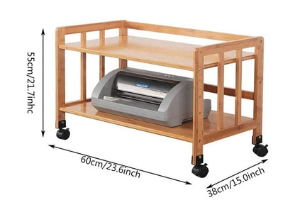 Free Standing 2 Tier Mobile Printer Stand with Lockable Rolling Wheels Wood Machine Storage Cart for Office and Home