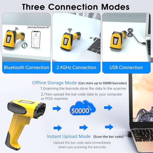 2.4GHz Wireless & Bluetooth Handheld 1D 2D Barcode Scanner, Triple Mode USB Laser Scanning Gun for Android iOS Windows, Retail Warehouse Inventory Management - color: Yellow
