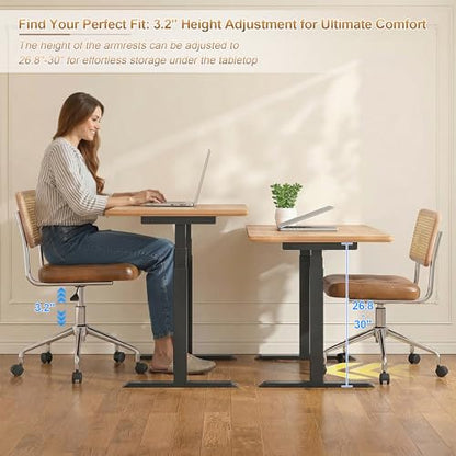 Zesthouse Leather Office Desk Chair with Wheels, Mid Century Rolling Desk Chair with Natural Rattan Back, Modern Swivel Home Office Chair, Small Height Adjustable Computer Task Chair, Brown - color: Brown, size: Armless