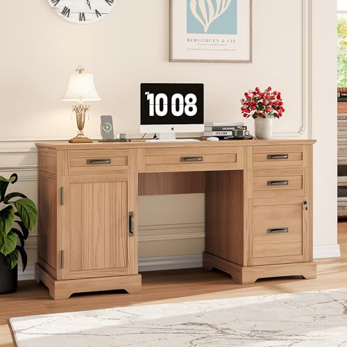 Alohappy 55'' Farmhouse Executive Desk, Home Office Desk with Drawers, Wood Computert Desk with File Cabinet and Power Outlets, Walnut - color: Walnut, size: 55''