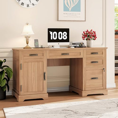 Alohappy 55'' Farmhouse Executive Desk, Home Office Desk with Drawers, Wood Computert Desk with File Cabinet and Power Outlets, Walnut - color: Walnut, size: 55''