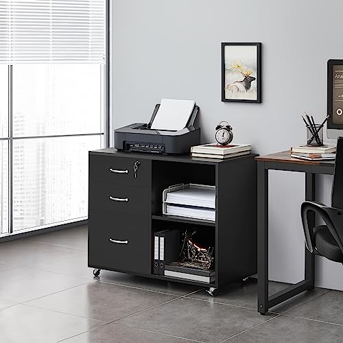 Yaheetech Mobile File Cabinet with Lock, 3-Drawer Printer Stand, Black | Lockable drawer, open shelves, and a printer top organize office files; mobile wood-finish cabinet on wheels, holds 220 lb. - color: Black