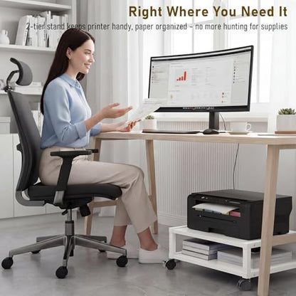 Zonon 2 Tier Printer Stand Under Desk with Wheels, Open Shelf, White - color: White