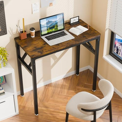 VINGLI Small Computer Desk No Assembly Required, Folding Desk as Writing Table, Dining Table and Workbench, Foldable Desk for Small Space & Home Office, 31.5 Inch, Brown & Black Frame - color: Brown
