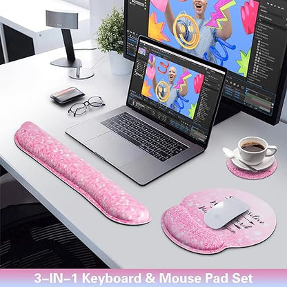 Mouse Pad with Wrist Rest Set Pink, 3-in-1 Wrist Support Mousepad Set,Gaming Mat Pad with Anti-Skid Base,Ergonomic Mouse Pad,Memory Foam Keyboard Gel Wrist Rest - color: Pink Particle