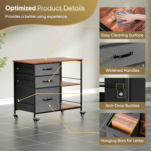 ZENY Lateral File Cabinet with 3 Drawers, Mobile File Cabinet Printer Stand, Rolling Fabric Lateral Filing Cabinet for Office Home Small Space (Grey) - color: Grey