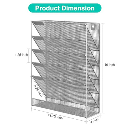 EasyPAG 5 Tier Wall File Holder, Mesh Hanging Folder Organizer with Classify Label, Versatile Desk File Holder, Vertical Wall Mounted Mail Organizer for Office Home Cubicle, Silver - color: Silver