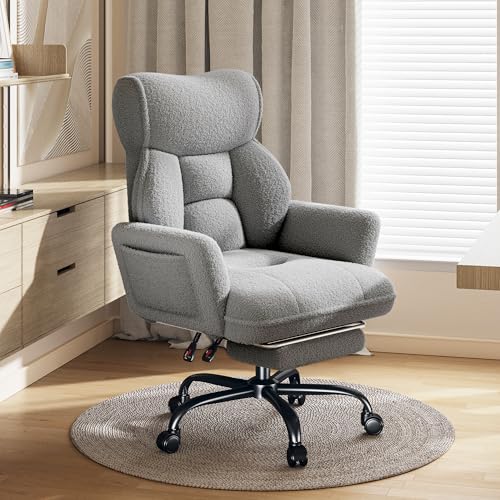 DurayLoly Big and Tall Office Chair with Footrest & Adjustable Armrests | 145° Reclining Backrest, Soft Teddy Fleece, Height Adjustable & 360° Swivel for Home Office, Bedroom - Grey - color: Grey