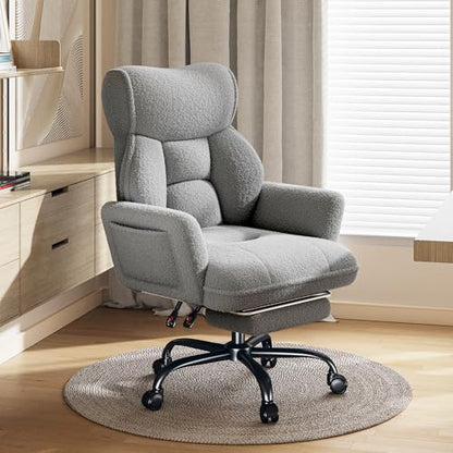 DurayLoly Big and Tall Office Chair with Footrest & Adjustable Armrests | 145° Reclining Backrest, Soft Teddy Fleece, Height Adjustable & 360° Swivel for Home Office, Bedroom - Grey - color: Grey