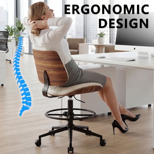 Drafting Chair with Adjustable Footrest, Rolling Walnut Stool, Beige - color: Beige