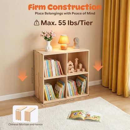 4 Cube Storage Organizer - Solid Wood Bookshelf - Cube Shelf - Vertical or Horizontal Bookcase - Open Book Shelf - Easy Assembly for Bedroom, Living Room, Office - size: 4-Cube