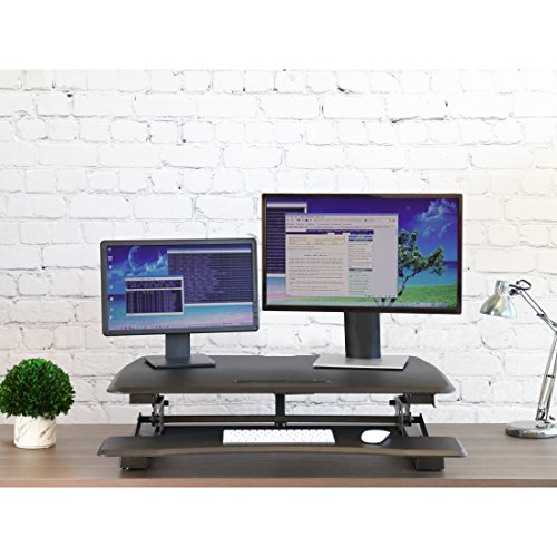 Seville Classics OFF65806 Airlift 36" Electric Height Adjustable Standing Desk Converter Workstation with 2.1A USB Charger Ergonomic Motorized Dual Monitor Riser Full Black - color: Electric Black