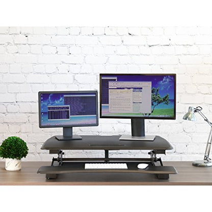 Seville Classics OFF65806 Airlift 36" Electric Height Adjustable Standing Desk Converter Workstation with 2.1A USB Charger Ergonomic Motorized Dual Monitor Riser Full Black - color: Electric Black