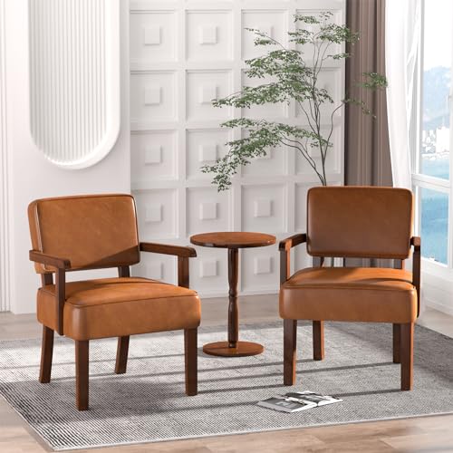FAGAGA Accent Chairs Set of 2, 2 Solid Wood Armchairs with Side Table | Faux Leather Chair with Soft Thicken Cushion, Comfy Reading Chair for Bedroom, Waiting Room, Home Office, Easy Assembly - color: Faux Leather Brown, size: Set of 2 with table