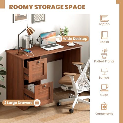 GIANTEX Computer Desk with 2 Drawers, 43” Wooden Home Office Desk with Charging Station, Compact Study Writing Desk, Modern Laptop PC Desk Workstation for Bedroom, Living Room (Walnut) - color: Walnut