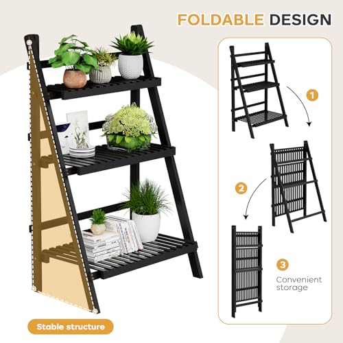 39.4" Foldable Ladder Shelf Plant Shelf, 3 Tier Bamboo Ladder Bookshelf - color: 3-Tier Black