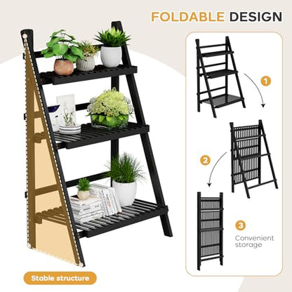 39.4" Foldable Ladder Shelf Plant Shelf, 3 Tier Bamboo Ladder Bookshelf - color: 3-Tier Black