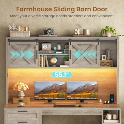 SEDETA 55.1" Farmhouse Desk with Hutch & 3 Storage Drawers - color: Grey, size: Desk with Hutch (55")