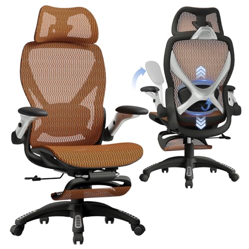 ELABEST X100 Ergonomic Mesh Office Chair with Footrest, Big and Tall Home Desk Chair with 5D Flip-Up Arms, Adjustable 3D Lumbar Support, Gaming & Executive Computer Chair (Tangerine Burst) - color: Tangerine Burst