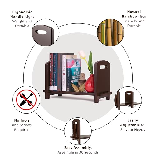 Adjustable Desktop Bookshelf - Sturdy Desk Bookshelf and Book Organizer - No Tools Required to Assemble This Desktop Bookcase, Perfect Tabletop Book Shelf for Office, Study Room - color: Brown
