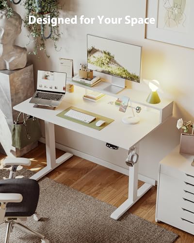 Agilestic 48 * 24 Inch Electric Standing Desk with Shelf & Led, White - color: Led-white, size: 48 x 24 Inches with led and power strips