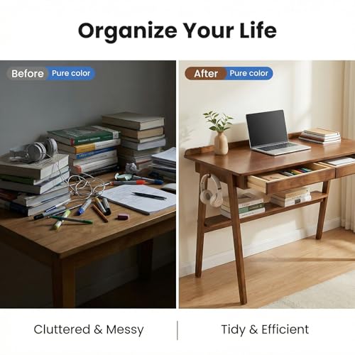 KEIKI Solid Wood Writing Desk with Drawers, 47" Computer Desk with Shelf for Home Office Work, Study, Walnut - color: Walnut W/Shelf