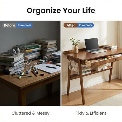KEIKI Solid Wood Writing Desk with Drawers, 47" Computer Desk with Shelf for Home Office Work, Study, Walnut - color: Walnut W/Shelf