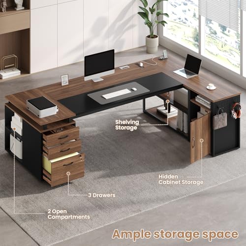 78" Executive Desk with Lockable File Cabinet, L Shaped Office Desk with Power Outlets, Large Executive Desk with Drawers and Storage Shelves , Reversible Computer Desk with Privacy Screen, Walnut - color: Walnut