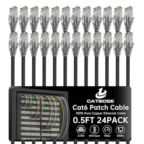 0.5 Foot Cat6 Patch Cables(24 Pack), Solid Pure Copper Patch Cord, Cat 6 Ethernet Cable, UTP Network, High Speed RJ45 Internet Cables, Compatible for Router, Switche, PC, Server, PS4/5, Xbox - Black - color: Black, size: 0.5FT, style: 24 Pack