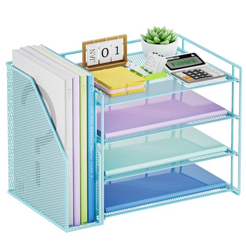 Marbrasse 4-Tier Paper Tray Organizer with File Holder, Blue | Sturdy Paper Tray, Built-in File Holder, fits Letters/Docs, Saves Desk Space, for School/Office/Home - color: Blue