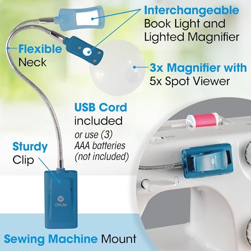 OttLite LED Clip-On Magnifier Lamp with Optical Grade Magnification, White | 2-in-1 Clip and Sewing Machine Lamp | 3x Optical Magnifier with 5x Spot Viewer | USB or Battery-Powered - color: Blue