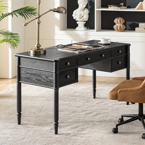 HULALA HOME 55 Inches Fluted Writing Desk with Charging Station, Black - color: Black
