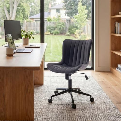 YOUNIKE Black Office Desk Chair with Wheels Armless Vanity Chair Modern | Faux Leather Upholstered with Rocking Back, Swivel Height Adjustable Small Cute Computer Rolling Task Chair Ergonomic 300lb - color: Black, size: Base Black