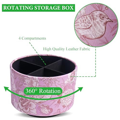 Round Leather Art Supply Organizer,Remote Control Holder,360 Degree Spinning,Multi-Functional Pencil Holder,4 Compartments Desktop Stationary Organizer(1-Purple Bird) - color: 1-Purple Bird