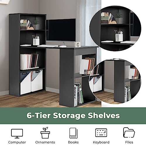 GIANTEX 48 Inch Computer Desk with Bookshelf, 3-in-1 Home Office Desk with 4-Tier Bookcase & CPU Stand, Space-Saving Reversible Writing Desk Work Table for Bedroom, Study Room, Office (Black) - color: Black