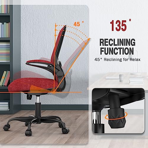 Ergonomic Office Chair w/Adjustable Lumbar, Flip Armrest, 135° Recline - color: Red, Carmine Roses