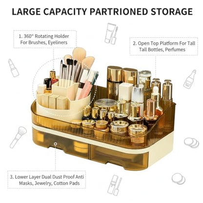 Makeup Organizer Countertop with Dual Drawers, Large Capacity Cosmetic Storage for Vanity Bathroom Skincare, 360° Rotating Makeup Brush Holder - color: brown