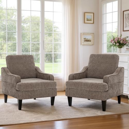 Set of 2 Accent Chair for Living Room,Mid-Century Arm Chair Chenille Fabric Living Room Chairs,Upholstered Reading Chair for Bedroom,Single Sofa Chair with Wood Legs for Apartment (Brown) - color: Brown