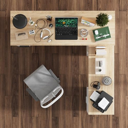 MOUMON L Shaped Standing Desk with Drawers and Shelves, Executive Adjustable Height Desk, L-Shaped Design, 63 inch Tabletop, for Office Oak and White (63”W x 63”D x 28.9-45.3”H) - color: Oak and White, size: 63”W x 63”D x 28.9-45.3”H