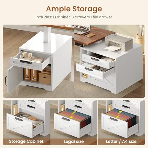 SEDETA Farmhouse L Shaped Standing Desk, 70.1" x 73.2" Height Adjustable Home Office Executive Desk with Drawers, Power Outlet, Monitor Stand, Sit Stand Table with Led Lights for Home Office, White - color: White
