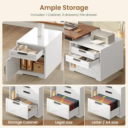 SEDETA Farmhouse L Shaped Standing Desk, 70.1" x 73.2" Height Adjustable Home Office Executive Desk with Drawers, Power Outlet, Monitor Stand, Sit Stand Table with Led Lights for Home Office, White - color: White