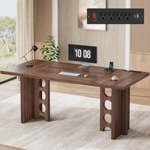 63 Inch Executive Desk with Power Outlet, Modern Computer Office Desks, Large Laptop Desk Writing Table Workstation Business Furniture for Home Office, Brown - color: Brown