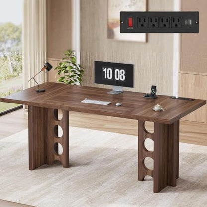 63 Inch Executive Desk with Power Outlet, Modern Computer Office Desks, Large Laptop Desk Writing Table Workstation Business Furniture for Home Office, Brown - color: Brown