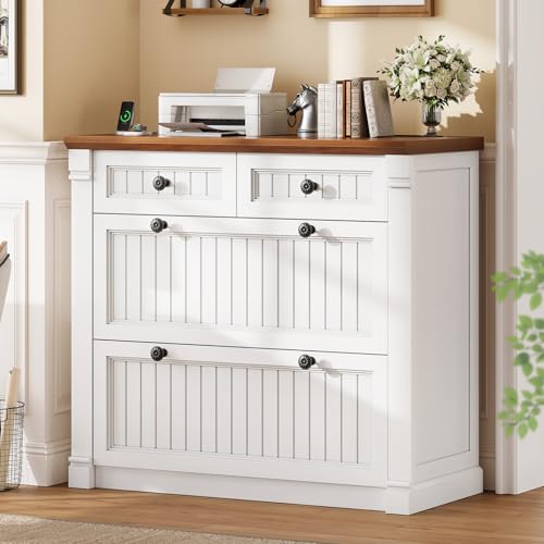 SEDETA 4 Drawers File Cabinet, 33" Farmhouse Filing Cabinets for Home Office fit Legal/Letter/A4 File, Wood Office File Cabinet with Power Outlets, Printer Stand with Storage, White+Brown - color: White+brown