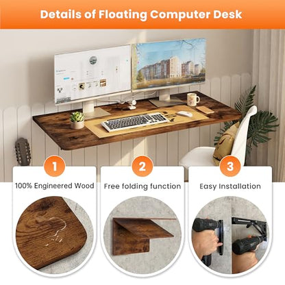 IAE Wall Mount Folding Desk,Floating Computer Desk for Small Spaces,Rustic | 36x22in engineered wood desktop with metal brackets, folds flat to save space in home office, apartment and laundry room - color: Rustic, size: 36"*22"
