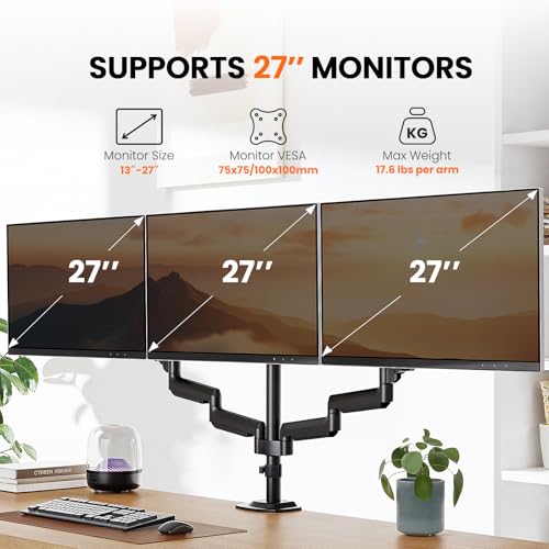 ErGear Triple Monitor Mount for 13-27 inch Screens, Premium Aluminum Triple Monitors Stand up to 17.6 lbs, Sturdy 3 Monitor Desk Mount with Swivel, Tilt, Rotation, Max VESA 100x100mm - size: 13-27 Inch, style: without USB