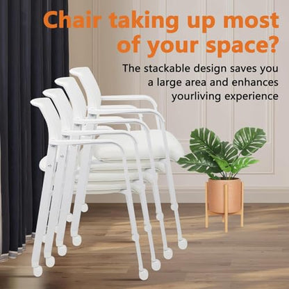 CLATINA Mesh Back Guest Reception Stacking Chair with Wheels, Waiting Room Stackable Chairs with Upholstered Leather Seat & Ergonomic Lumbar Support for Office Conference School Lobby, White, 8 Pack - size: 8pack