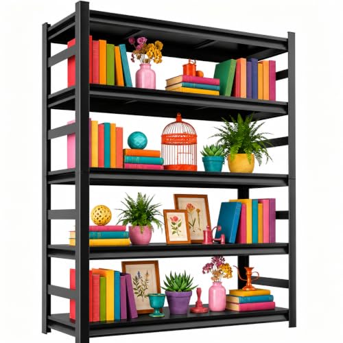5 Tier Metal Book Shelf, Adjustable Tall Bookcase with Anti-Drop Fence | Heavy Duty 3000 LBS Modern Deep Bookshelf, Bolt-Free Storage Shelves for Living Room, Home Office, Garage - size: 5 Tier-36"Wx 16"Dx 71.2"H
