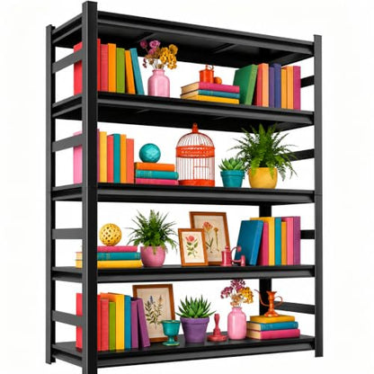 5 Tier Metal Book Shelf, Adjustable Tall Bookcase with Anti-Drop Fence | Heavy Duty 3000 LBS Modern Deep Bookshelf, Bolt-Free Storage Shelves for Living Room, Home Office, Garage - size: 5 Tier-36"Wx 16"Dx 71.2"H