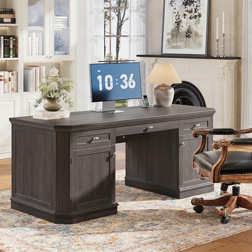 59" Classic Executive Desk with Storage, Victorian Executive Desk with Charging Station, Keyboard Tray, 3 Drawers & 2 Cabinet Storage & 2 Pedestals, Easy Assembly, Black - color: Black